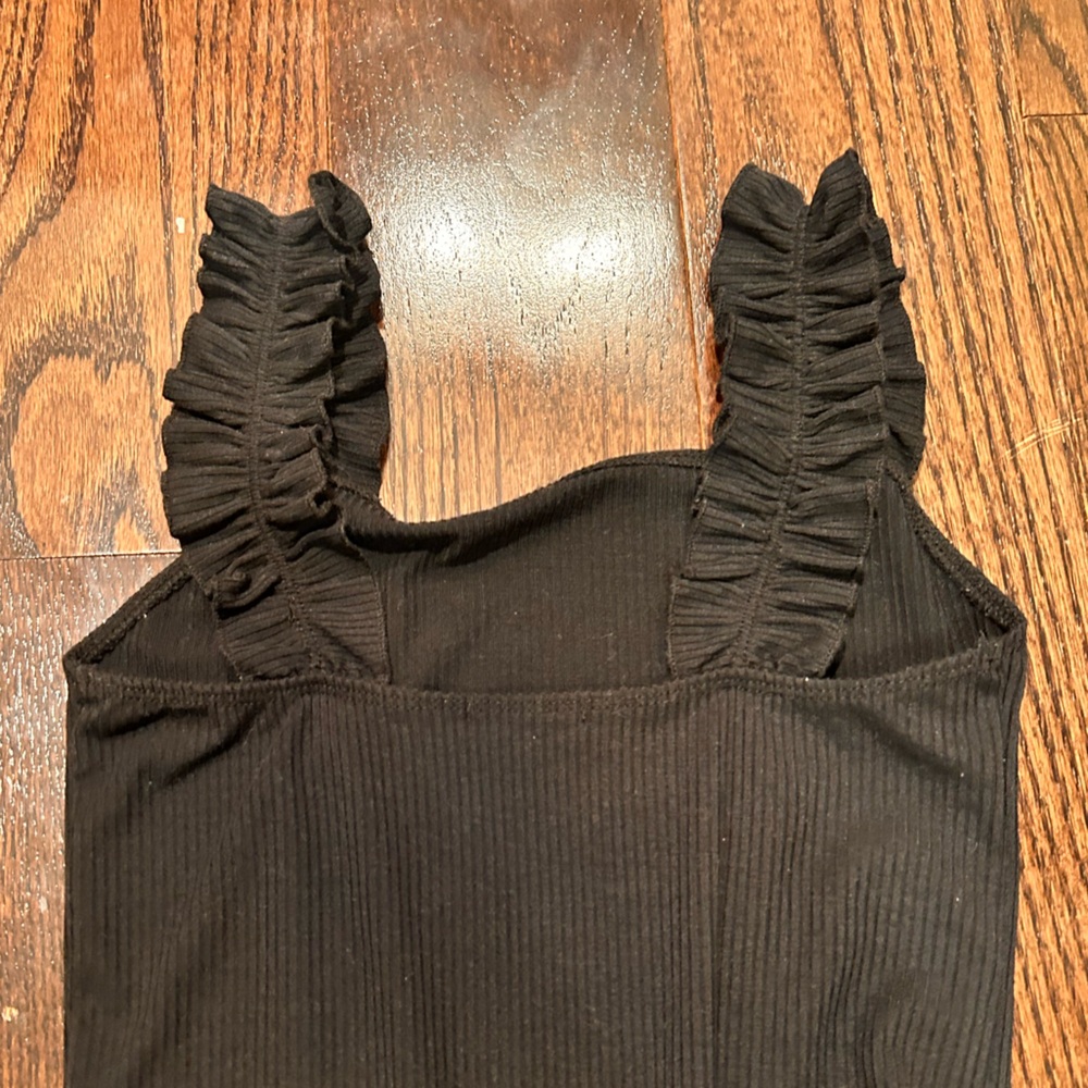 Black Ribbed Bodysuit with Ruffle Straps - Picture 3 of 6